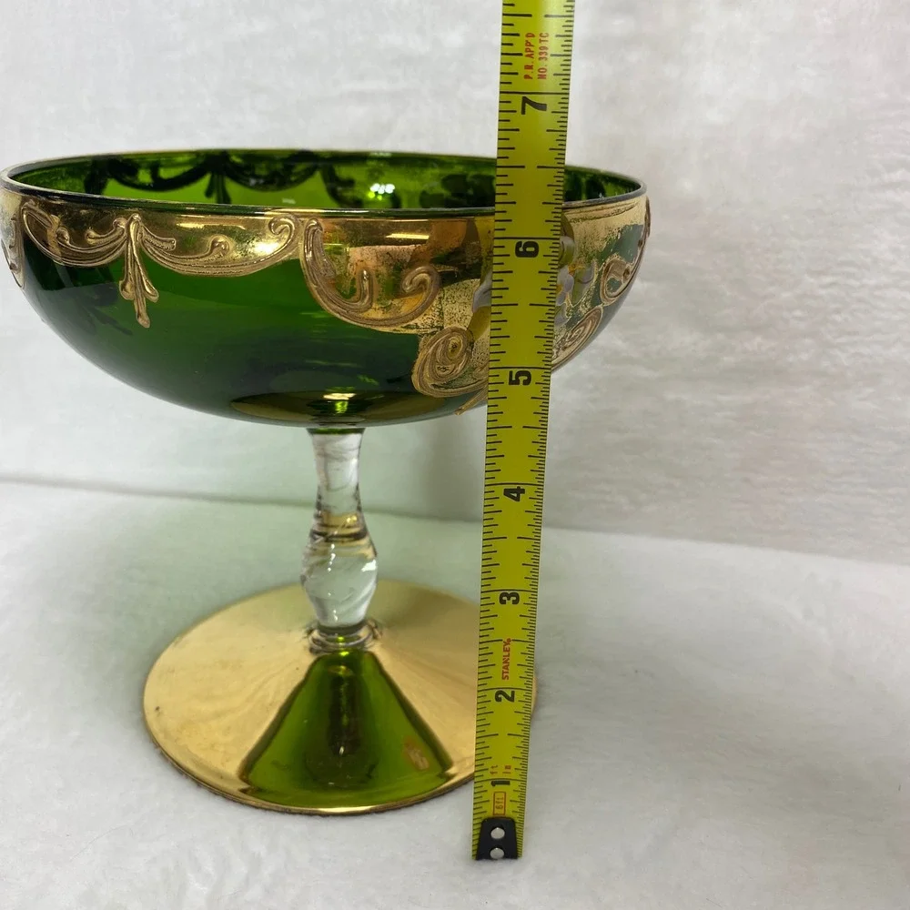 VTG Green Glass Pedestal Compote Bowl Goblet Candy Dish‎ Bowl Gold Leaf Italy